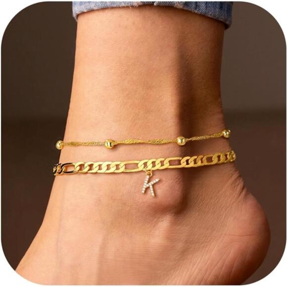 Ankle Bracelets for Women, 14K Gold Plated Dainty Layered Chain CZ Initial - Picture 1 of 7